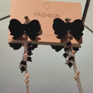 Black and Gold Bow Dangle Earrings